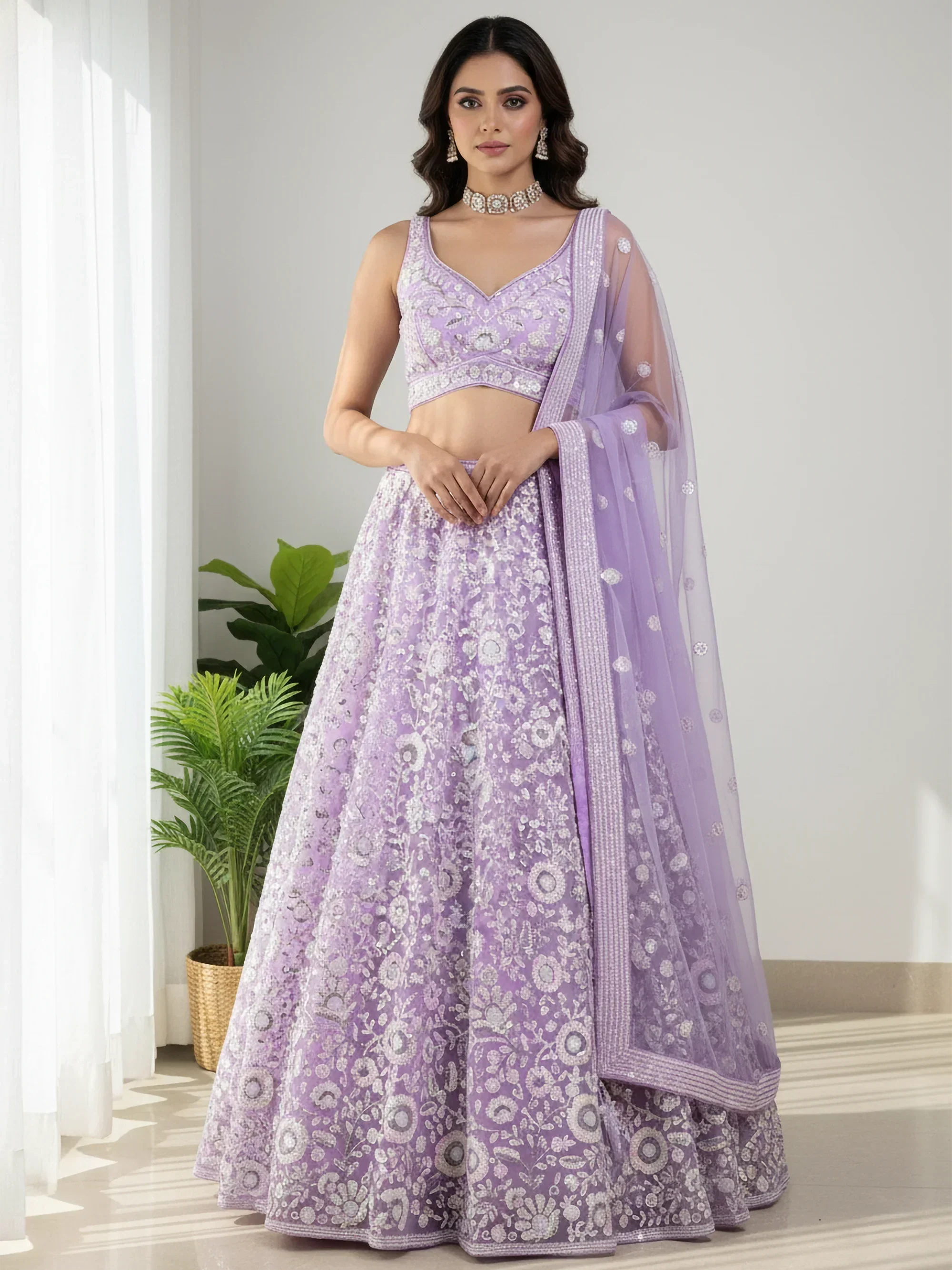 Glowing Lavender Sequins Embroidered Net Party Wear Lehenga Choli