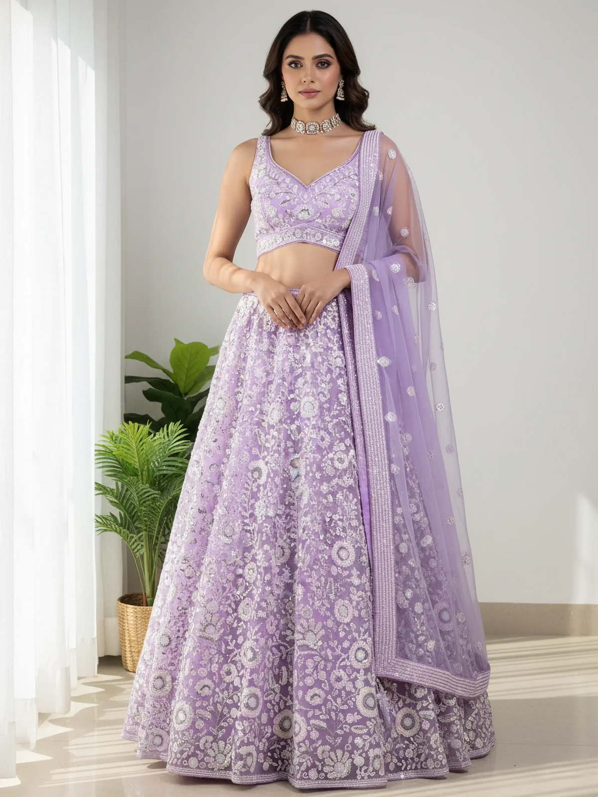 Glowing Lavender Sequins Embroidered Net Party Wear Lehenga Choli