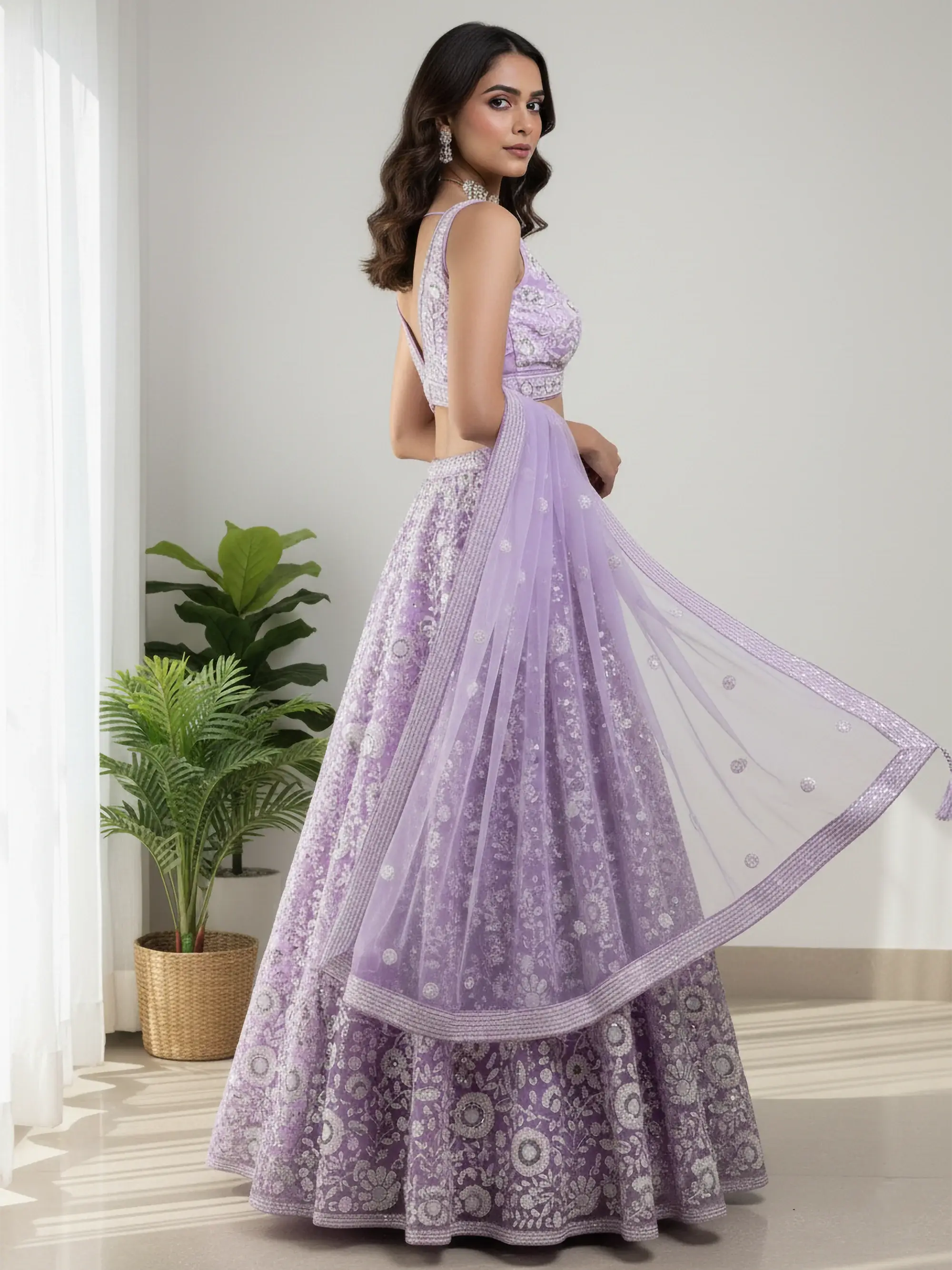 Glowing Lavender Sequins Embroidered Net Party Wear Lehenga Choli