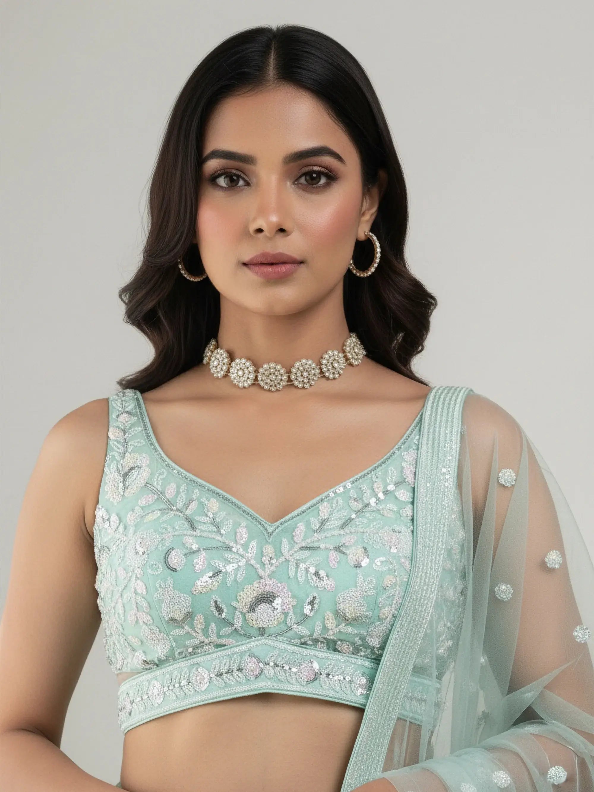 Sparkling Green Sequins Embroidered Net Reception Wear Lehenga Choli