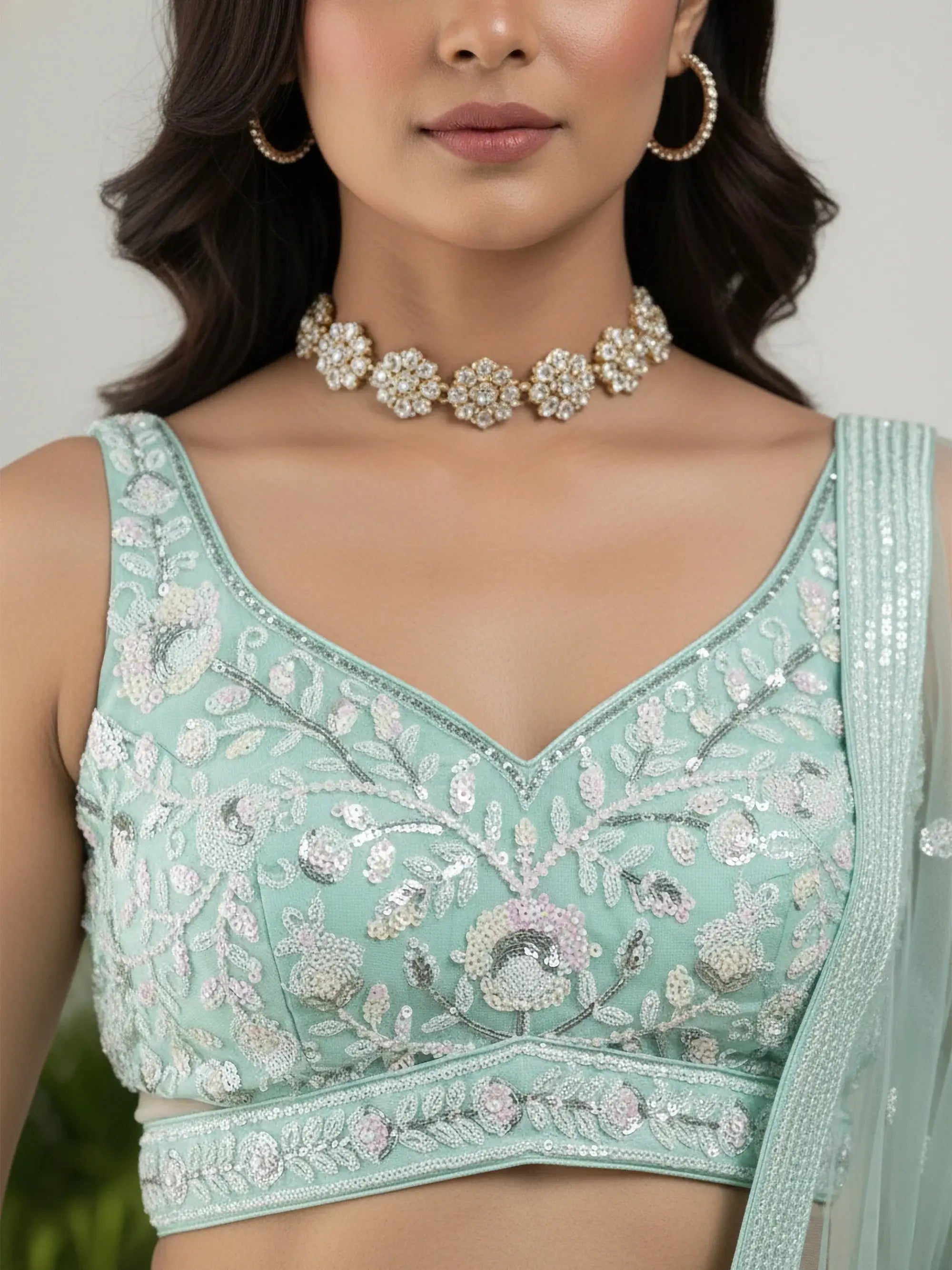 Sparkling Green Sequins Embroidered Net Reception Wear Lehenga Choli