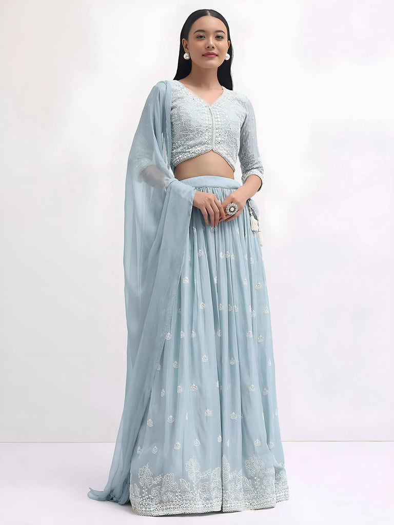 Adorable Blue Thread Embroidered Georgette Party Wear Lehenga Choli