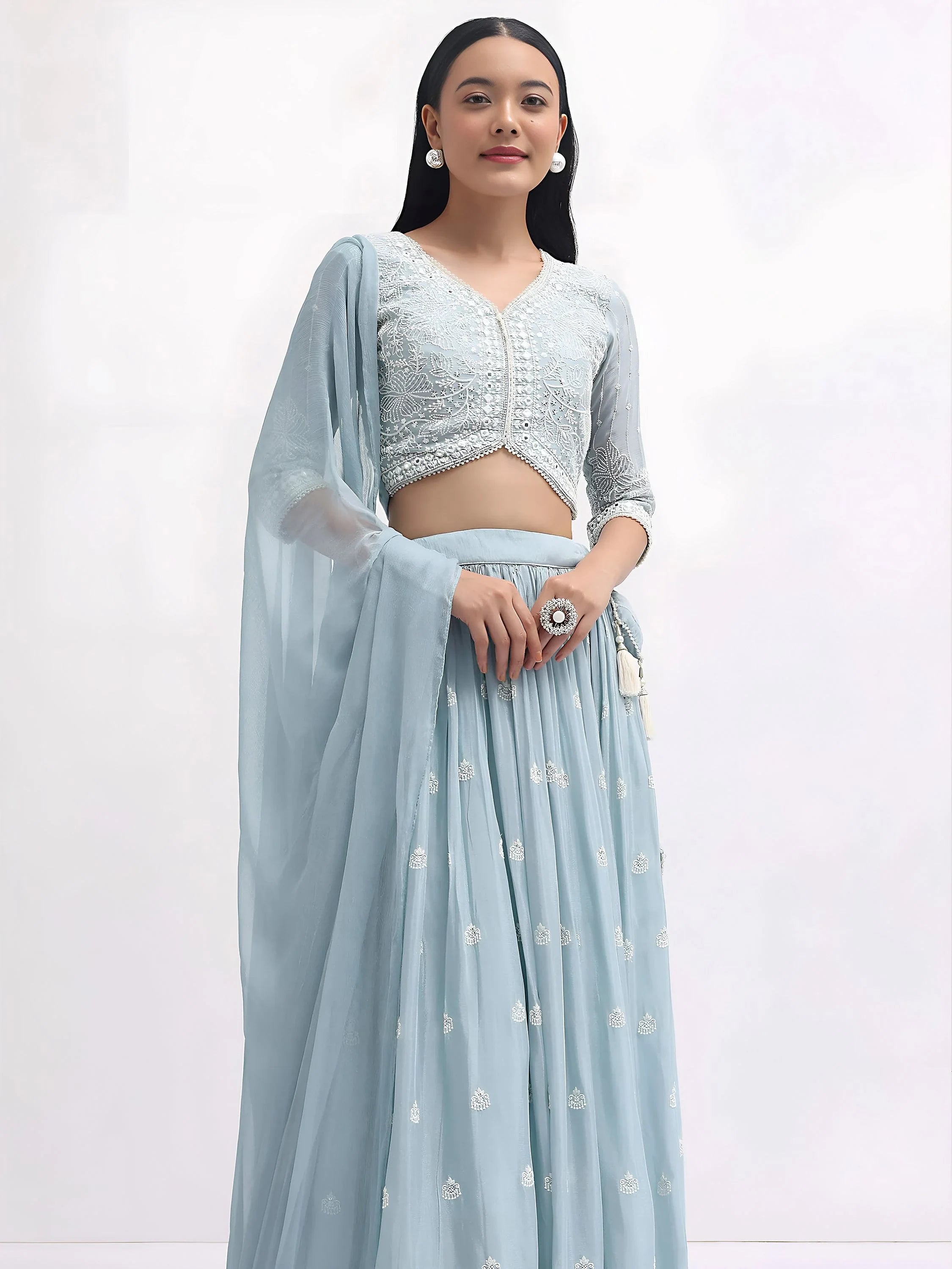 Adorable Blue Thread Embroidered Georgette Party Wear Lehenga Choli