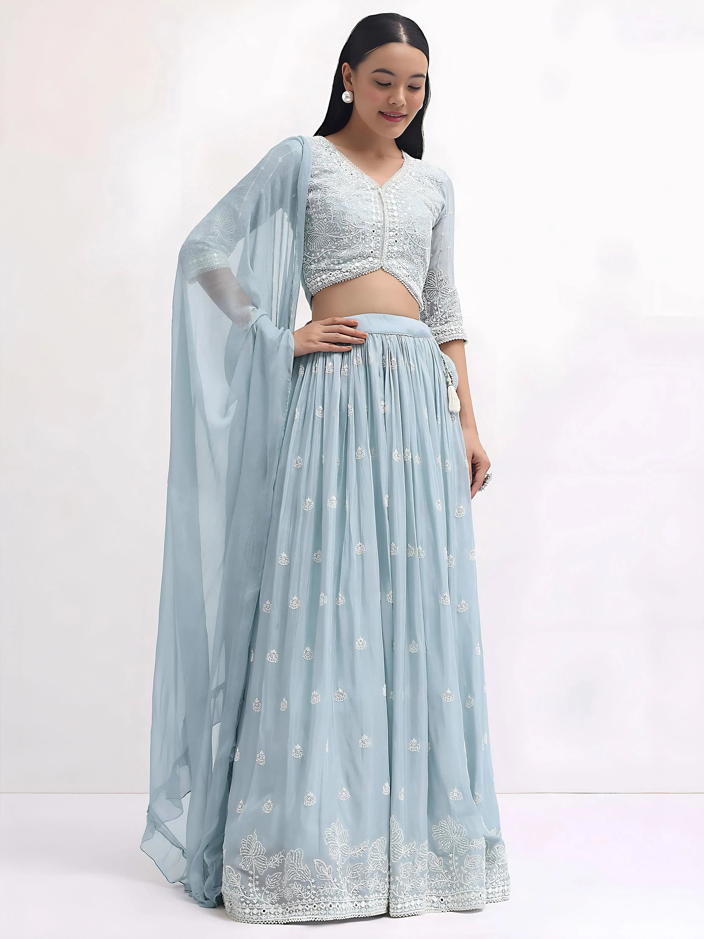 Adorable Blue Thread Embroidered Georgette Party Wear Lehenga Choli