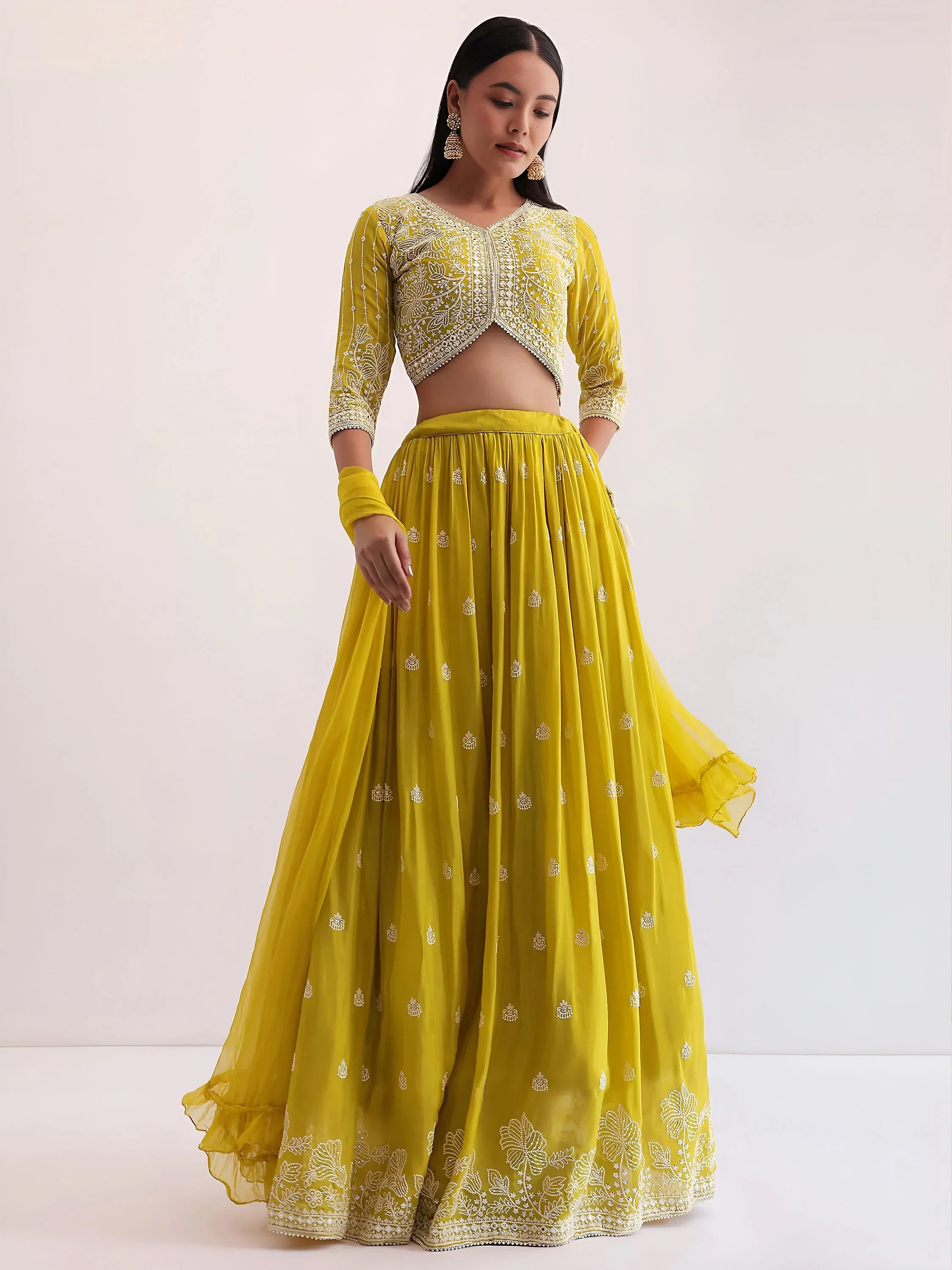 Lovely Yellow Thread Embroidered Georgette Haldi Wear Lehenga Choli