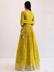 Lovely Yellow Thread Embroidered Georgette Haldi Wear Lehenga Choli