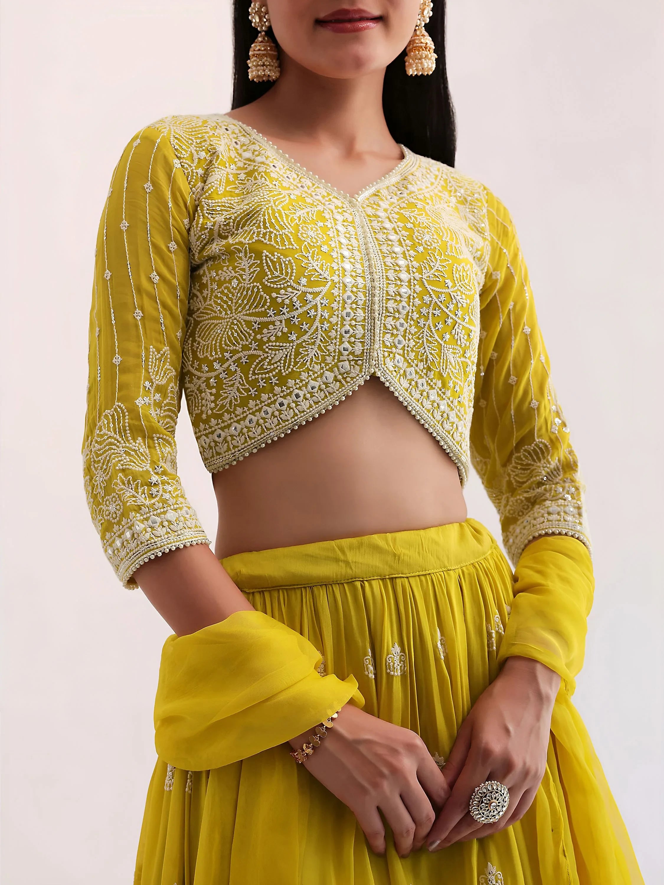 Lovely Yellow Thread Embroidered Georgette Haldi Wear Lehenga Choli