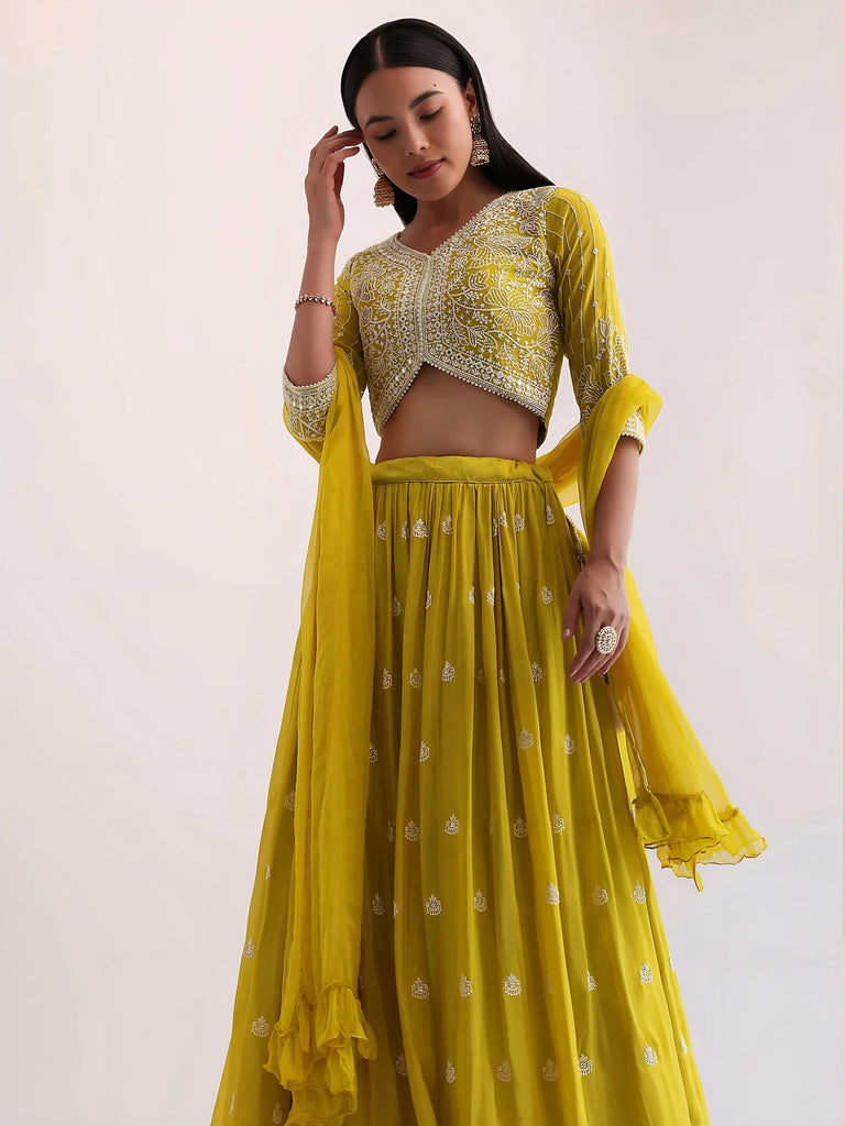Lovely Yellow Thread Embroidered Georgette Haldi Wear Lehenga Choli