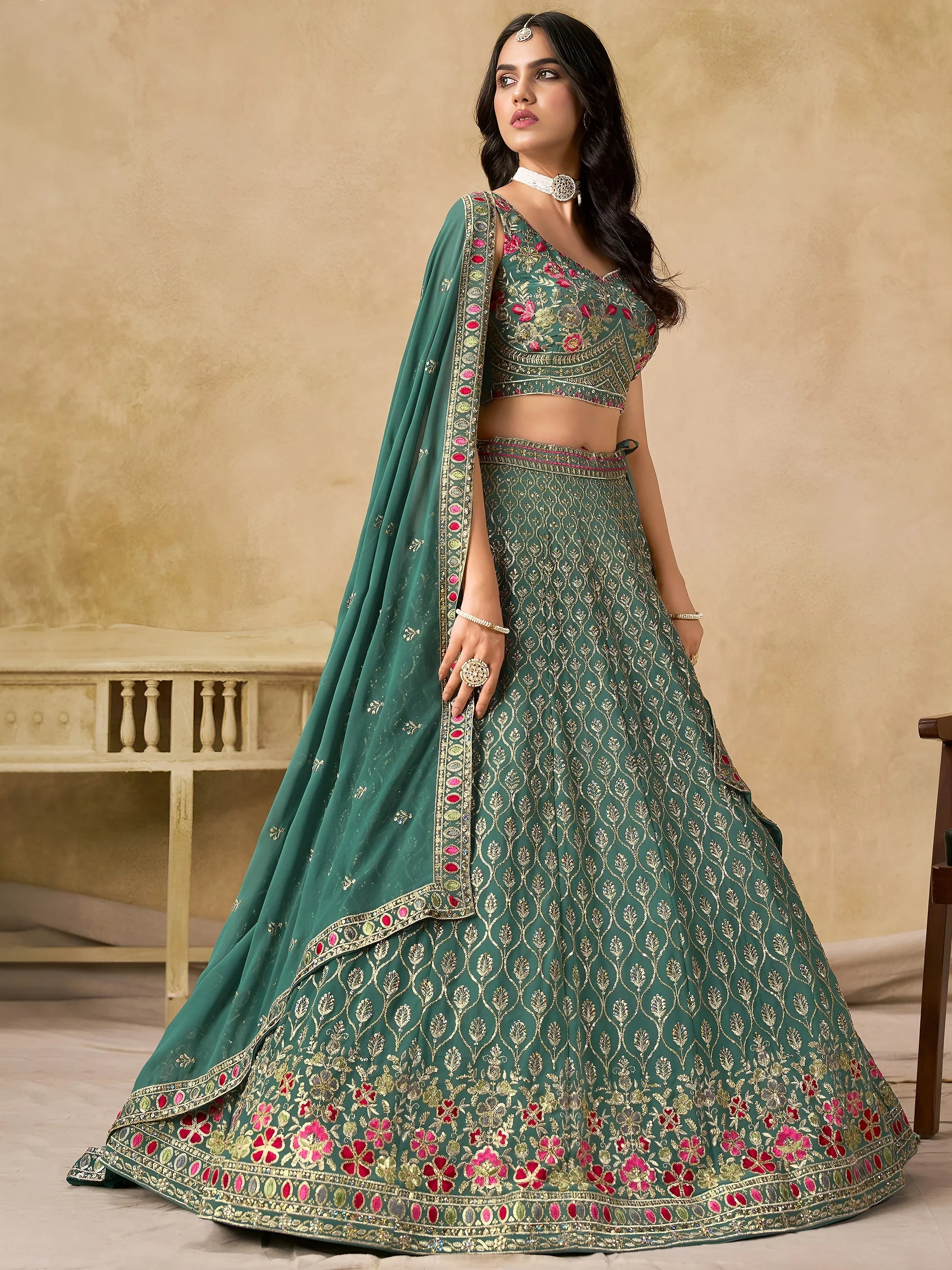 Charming Green Zari Embroidered Georgette Wedding Wear Lehenga Choli