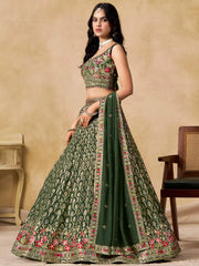 Beautiful Green Zari Embroidered Georgette Mehendi Wear Lehenga Choli