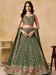 Beautiful Green Zari Embroidered Georgette Mehendi Wear Lehenga Choli