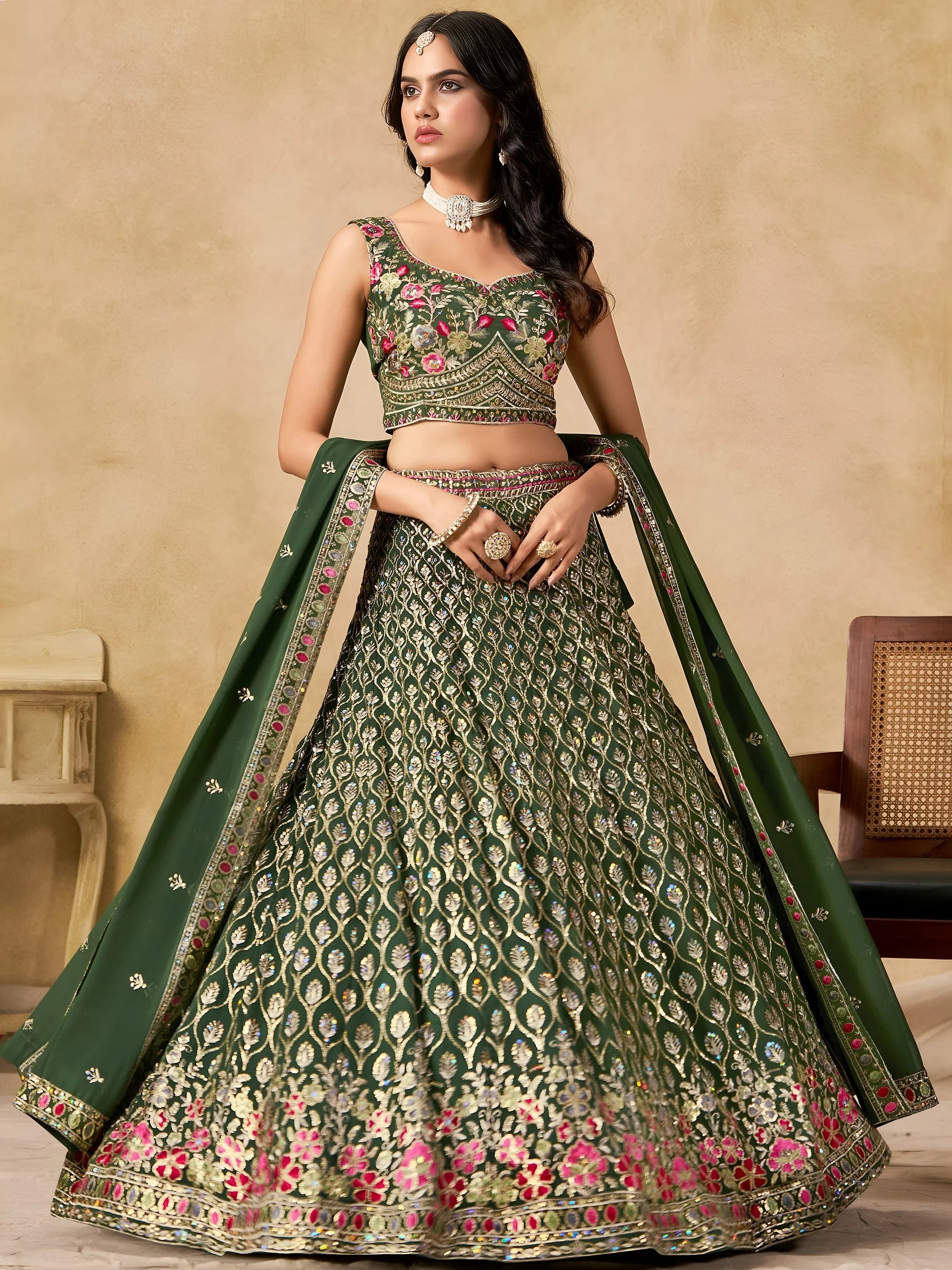 Beautiful Green Zari Embroidered Georgette Mehendi Wear Lehenga Choli