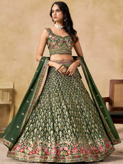 Beautiful Green Zari Embroidered Georgette Mehendi Wear Lehenga Choli