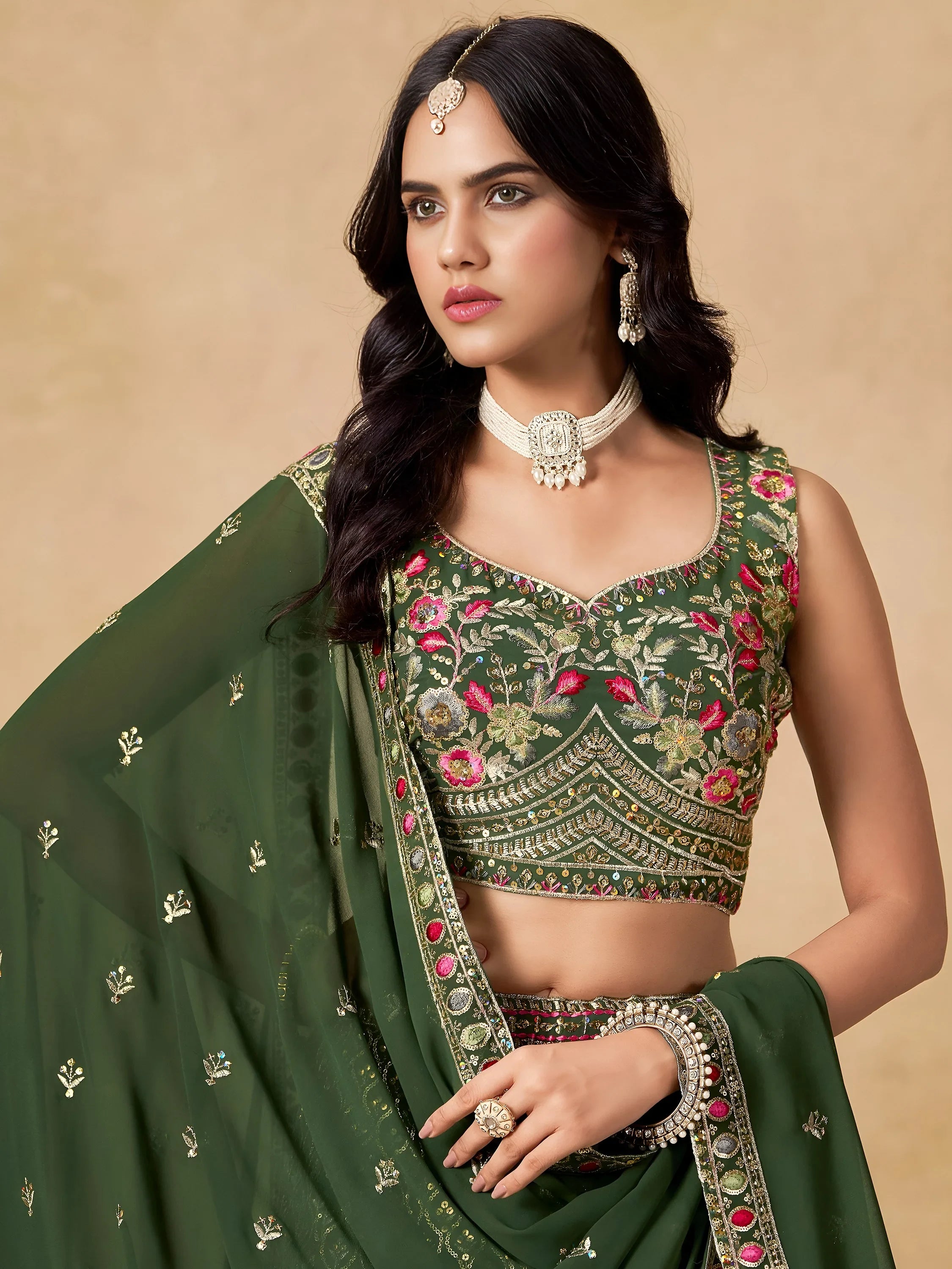 Beautiful Green Zari Embroidered Georgette Mehendi Wear Lehenga Choli