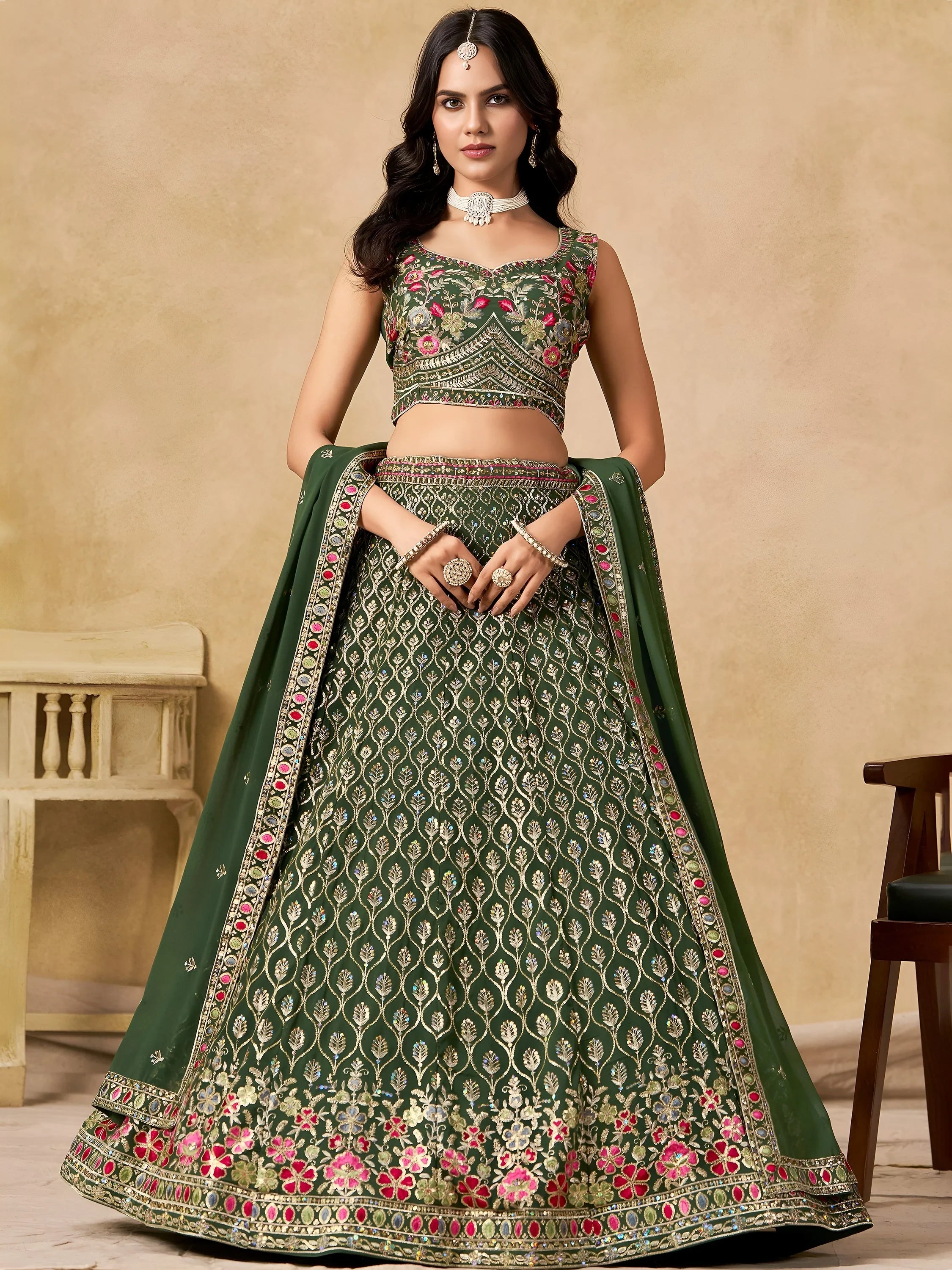 Beautiful Green Zari Embroidered Georgette Mehendi Wear Lehenga Choli