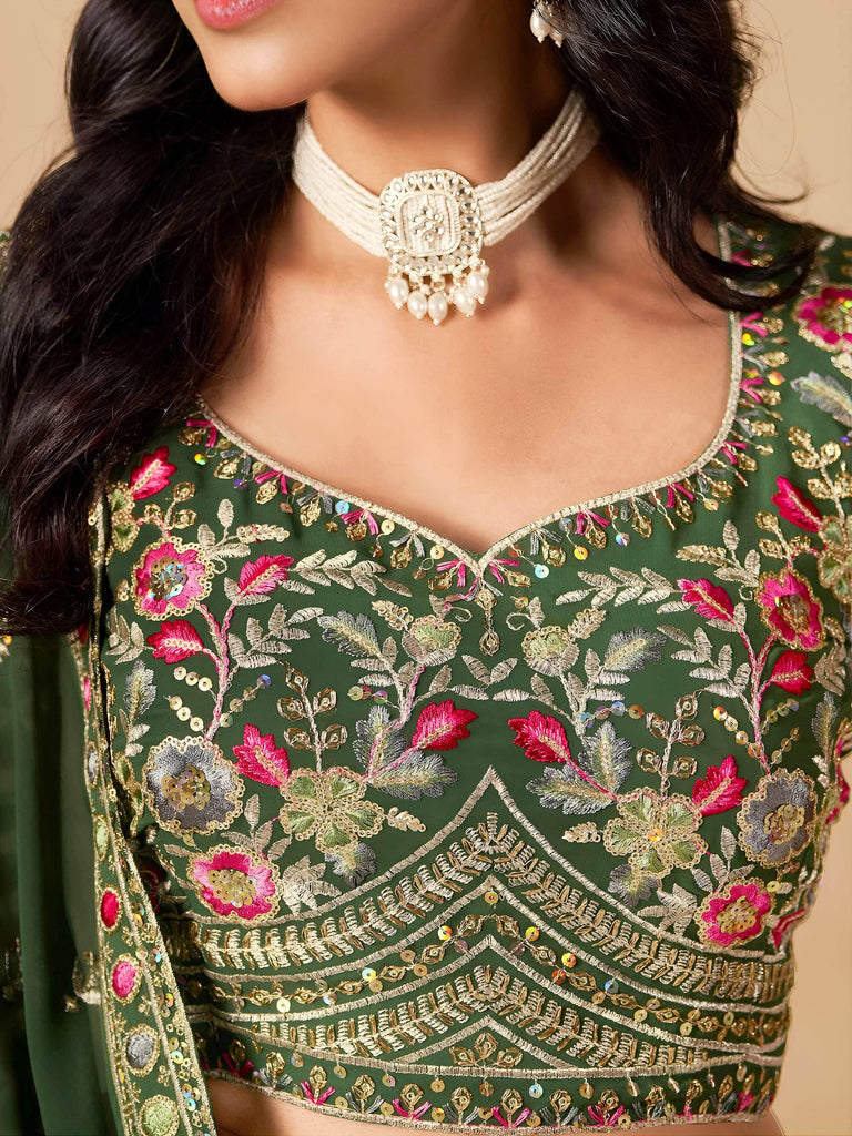 Beautiful Green Zari Embroidered Georgette Mehendi Wear Lehenga Choli