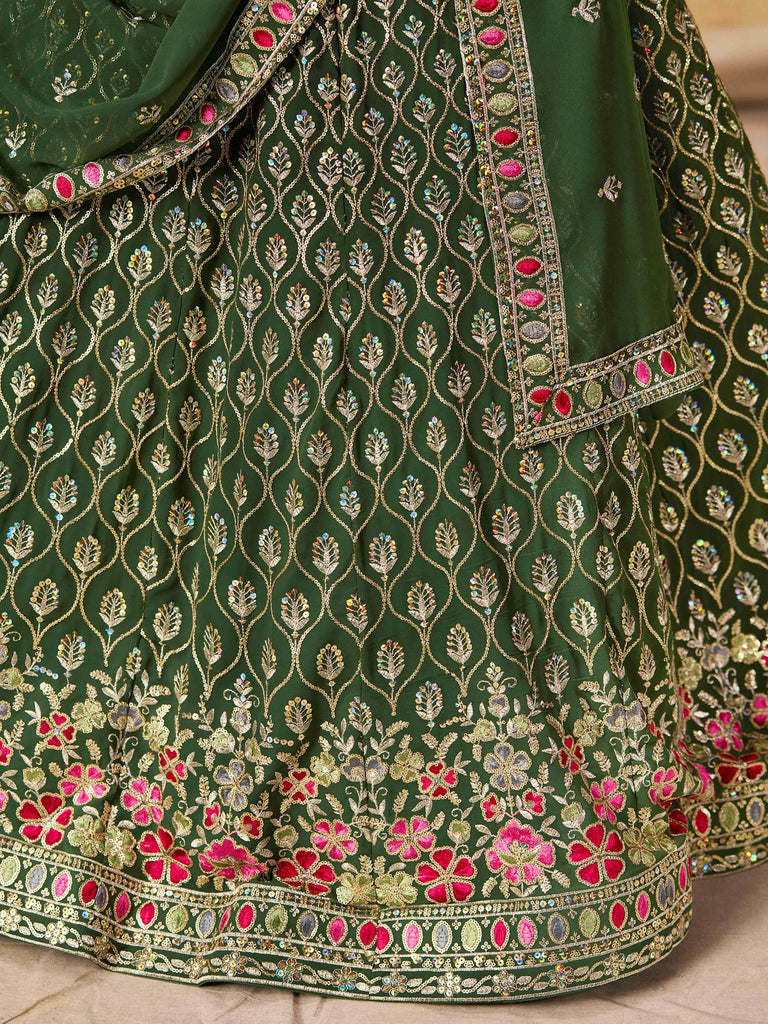 Beautiful Green Zari Embroidered Georgette Mehendi Wear Lehenga Choli