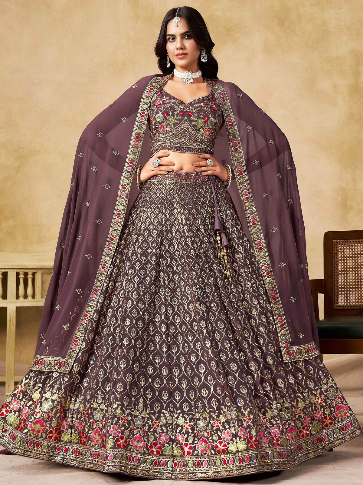 Amazing Purple Zari Embroidered Georgette Wedding Wear Lehenga Choli