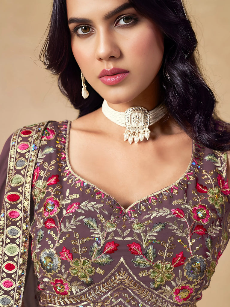 Amazing Purple Zari Embroidered Georgette Wedding Wear Lehenga Choli