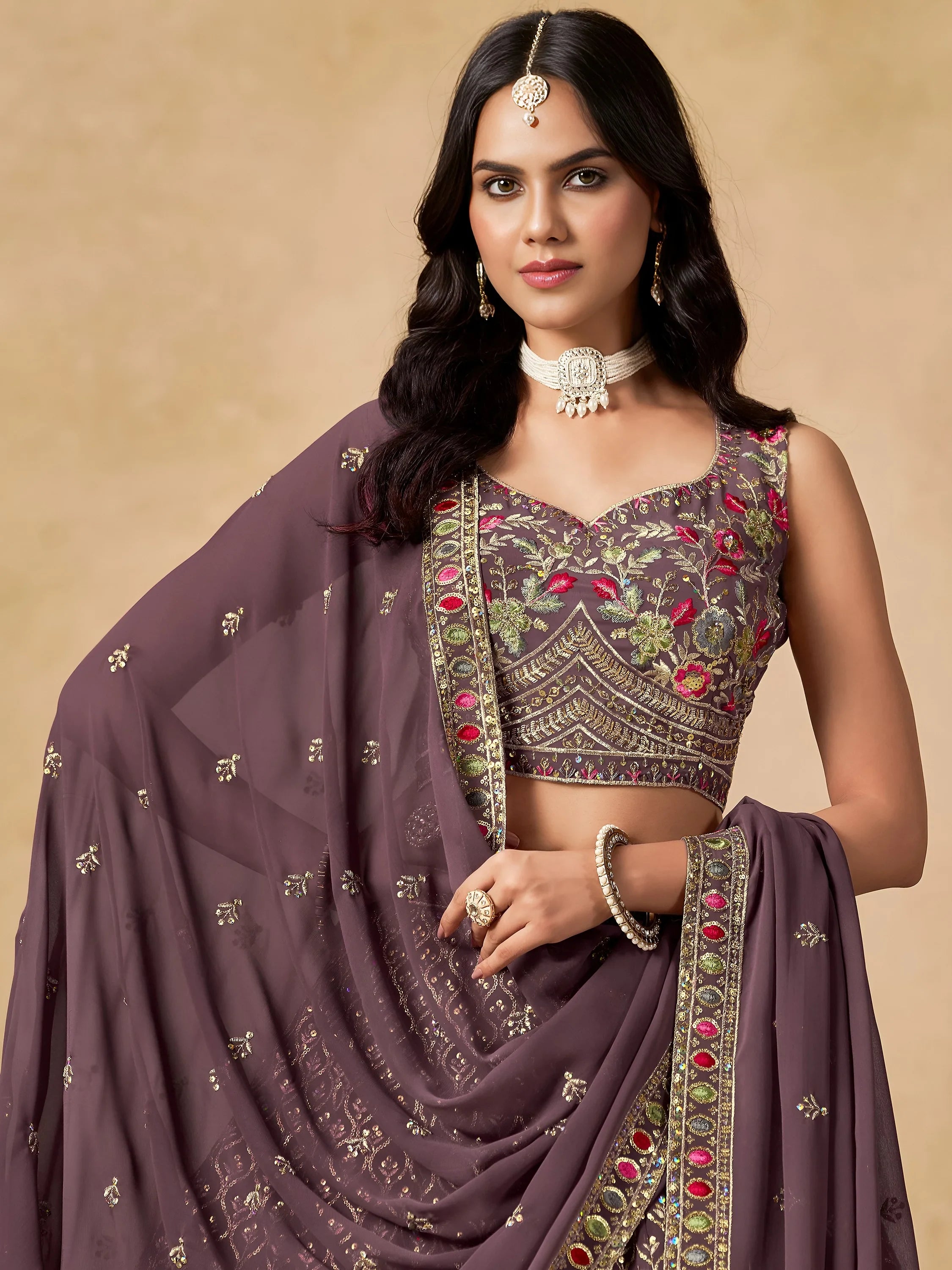 Amazing Purple Zari Embroidered Georgette Wedding Wear Lehenga Choli