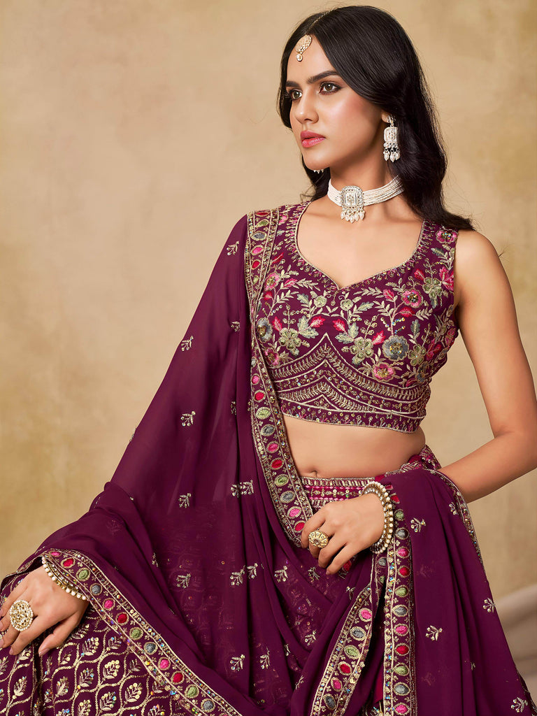 Alluring Maroon Zari Embroidered Georgette Wedding Wear Lehenga Choli