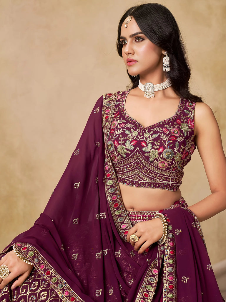 Alluring Maroon Zari Embroidered Georgette Wedding Wear Lehenga Choli