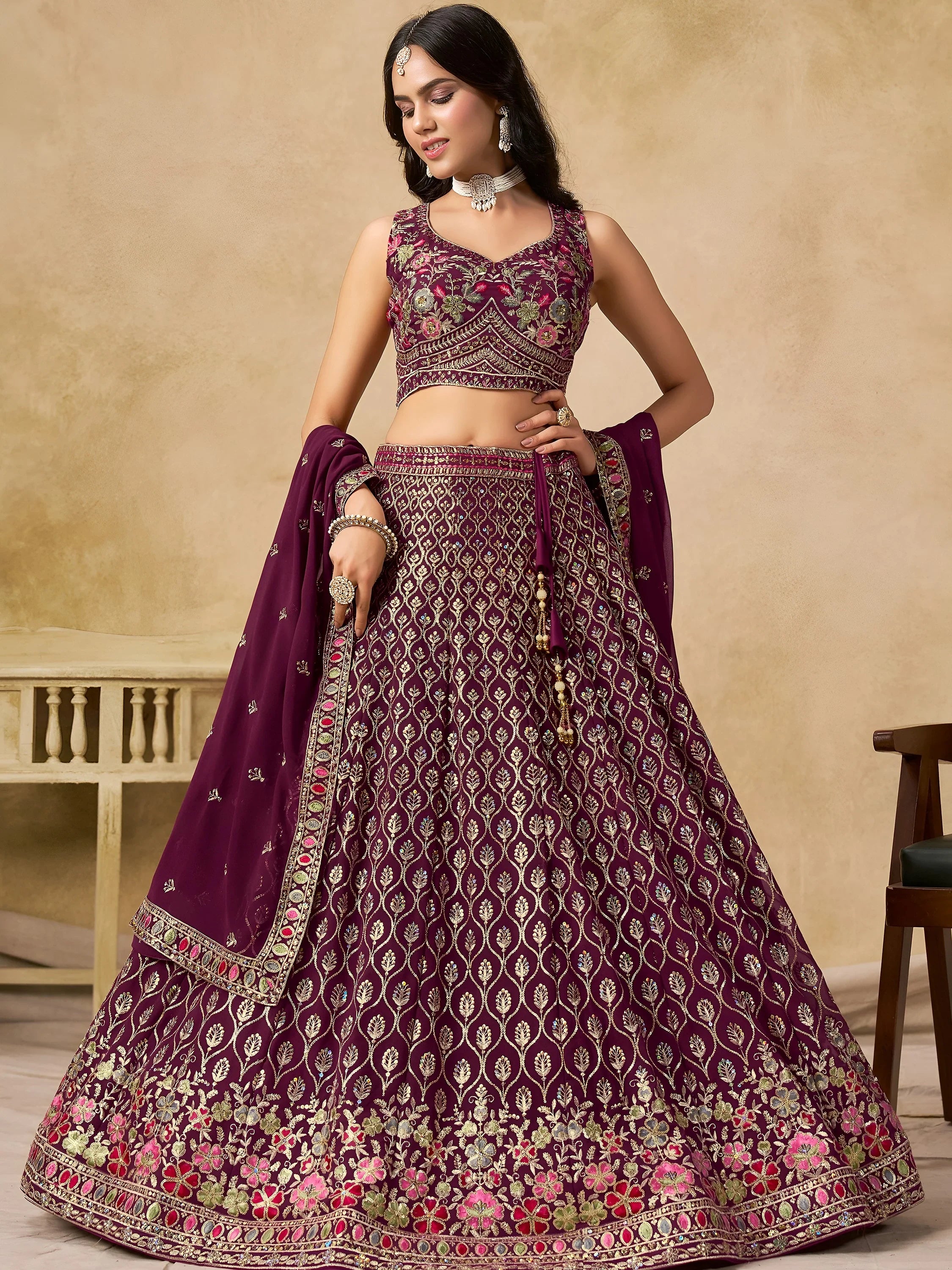 Alluring Maroon Zari Embroidered Georgette Wedding Wear Lehenga Choli