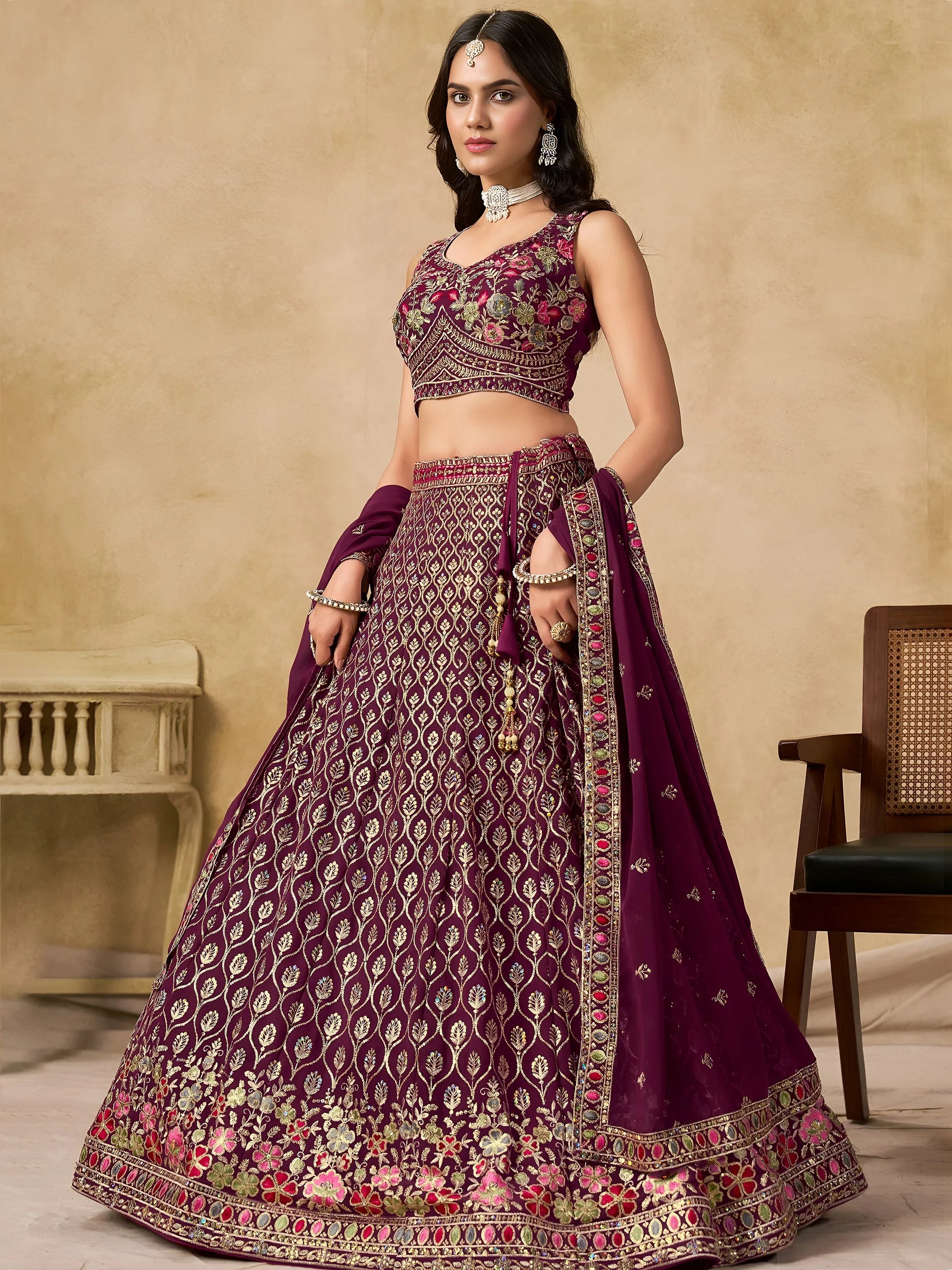 Alluring Maroon Zari Embroidered Georgette Wedding Wear Lehenga Choli