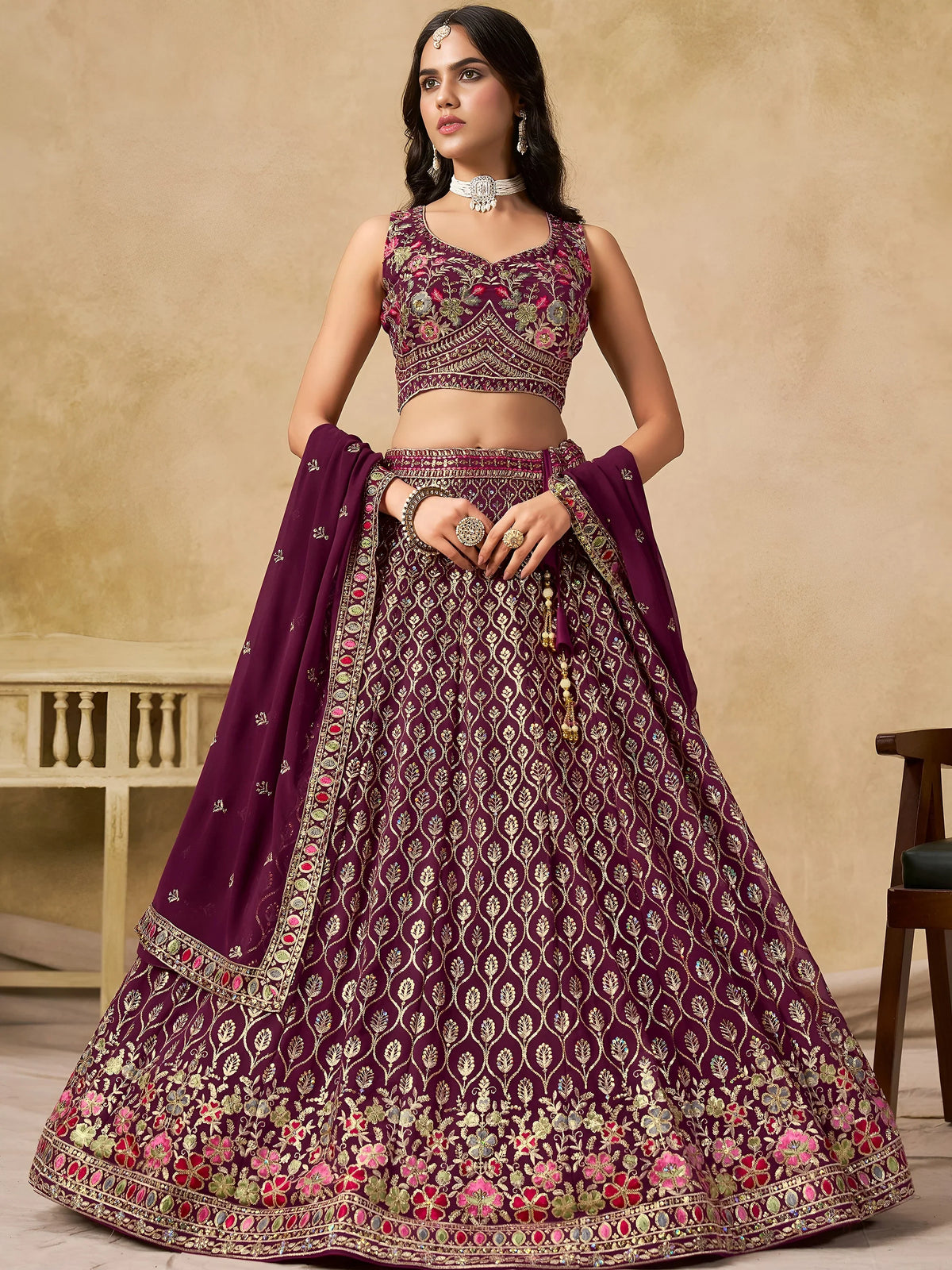 Alluring Maroon Zari Embroidered Georgette Wedding Wear Lehenga Choli