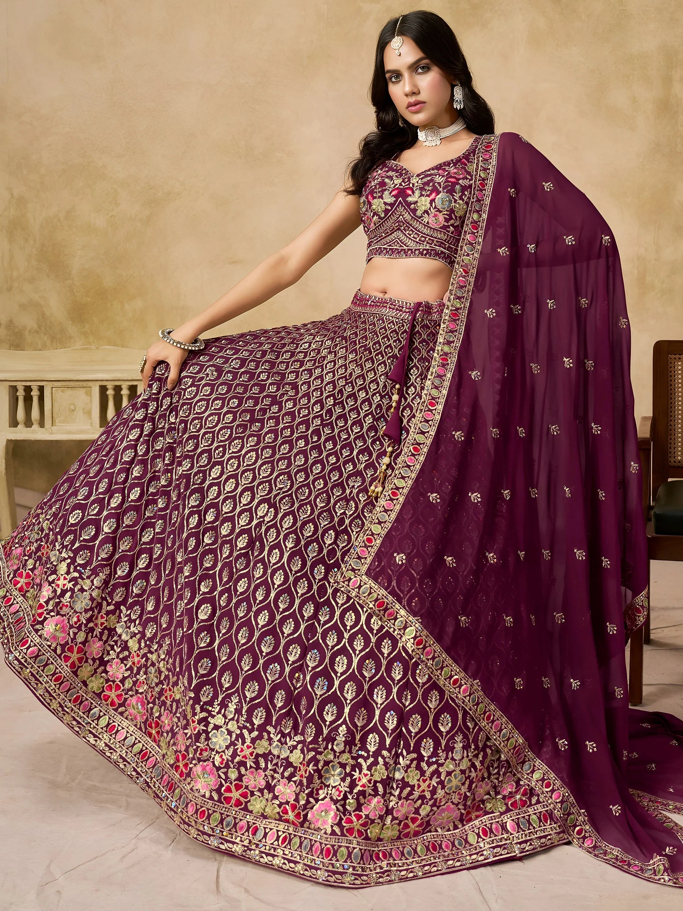Alluring Maroon Zari Embroidered Georgette Wedding Wear Lehenga Choli