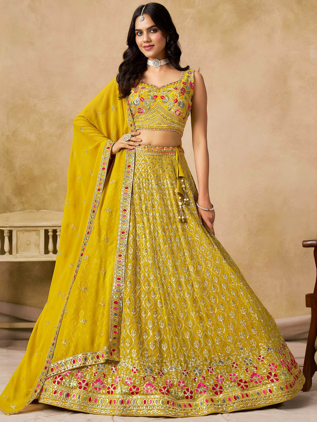 Classic Yellow Zari Embroidered Georgette Haldi Wear Lehenga Choli