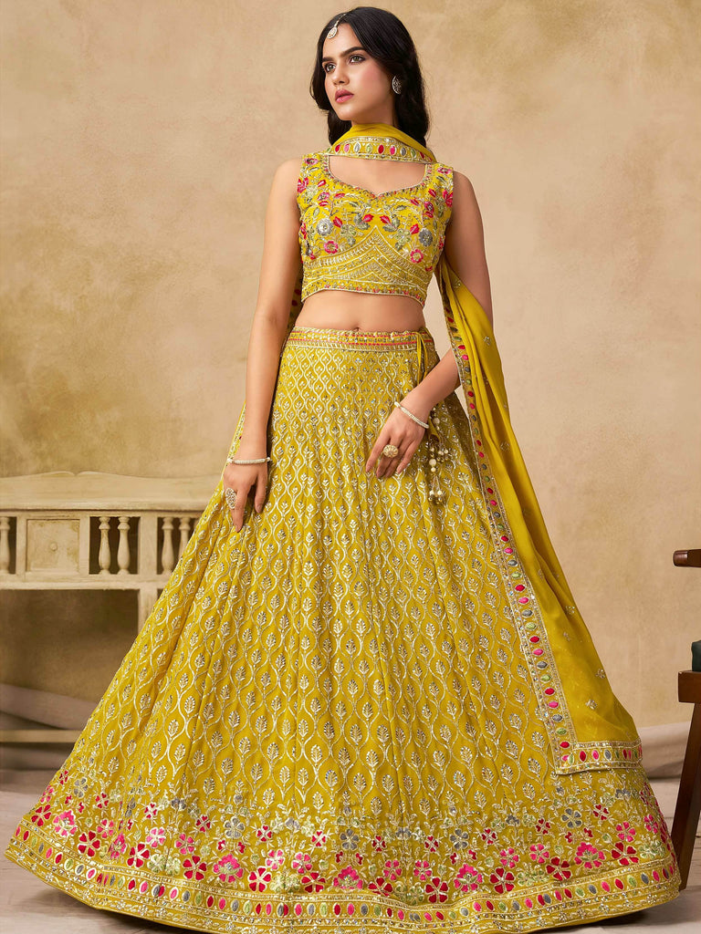 Classic Yellow Zari Embroidered Georgette Haldi Wear Lehenga Choli