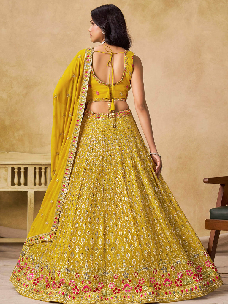 Classic Yellow Zari Embroidered Georgette Haldi Wear Lehenga Choli