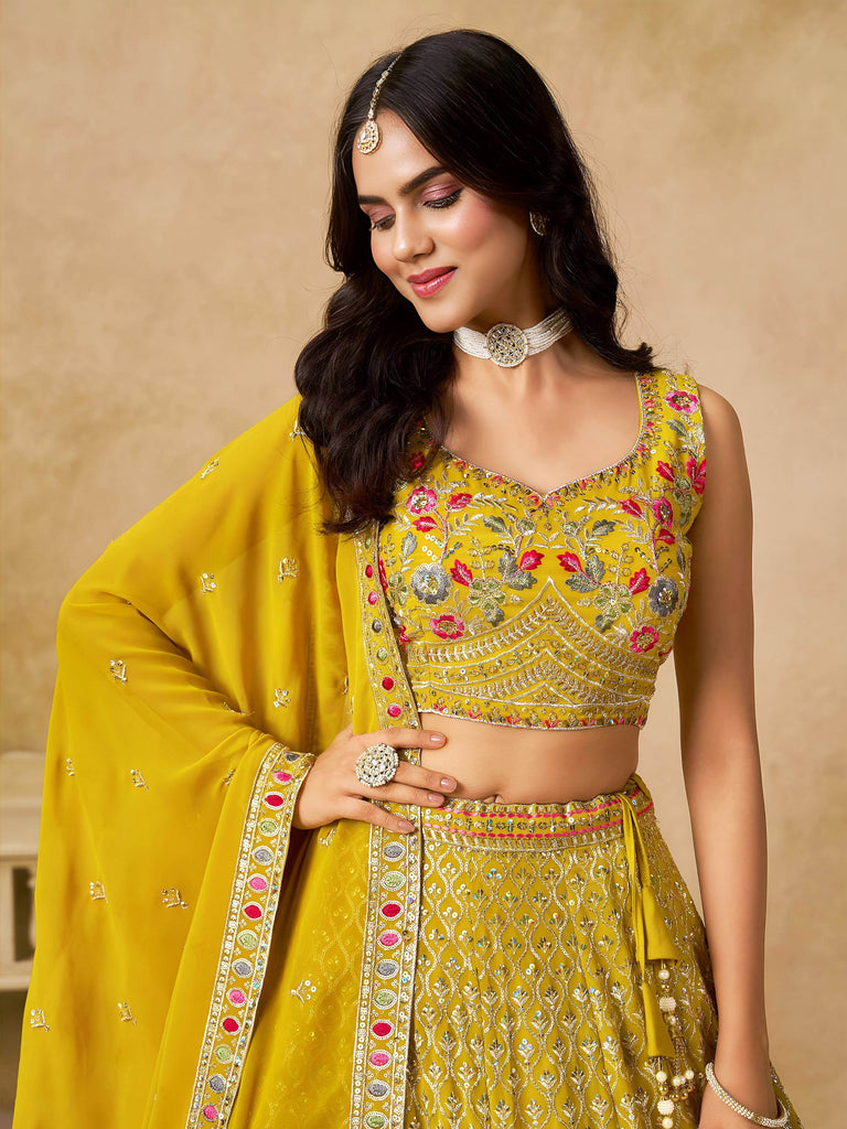 Classic Yellow Zari Embroidered Georgette Haldi Wear Lehenga Choli