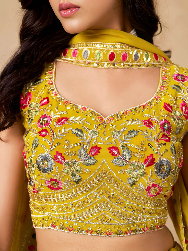 Classic Yellow Zari Embroidered Georgette Haldi Wear Lehenga Choli