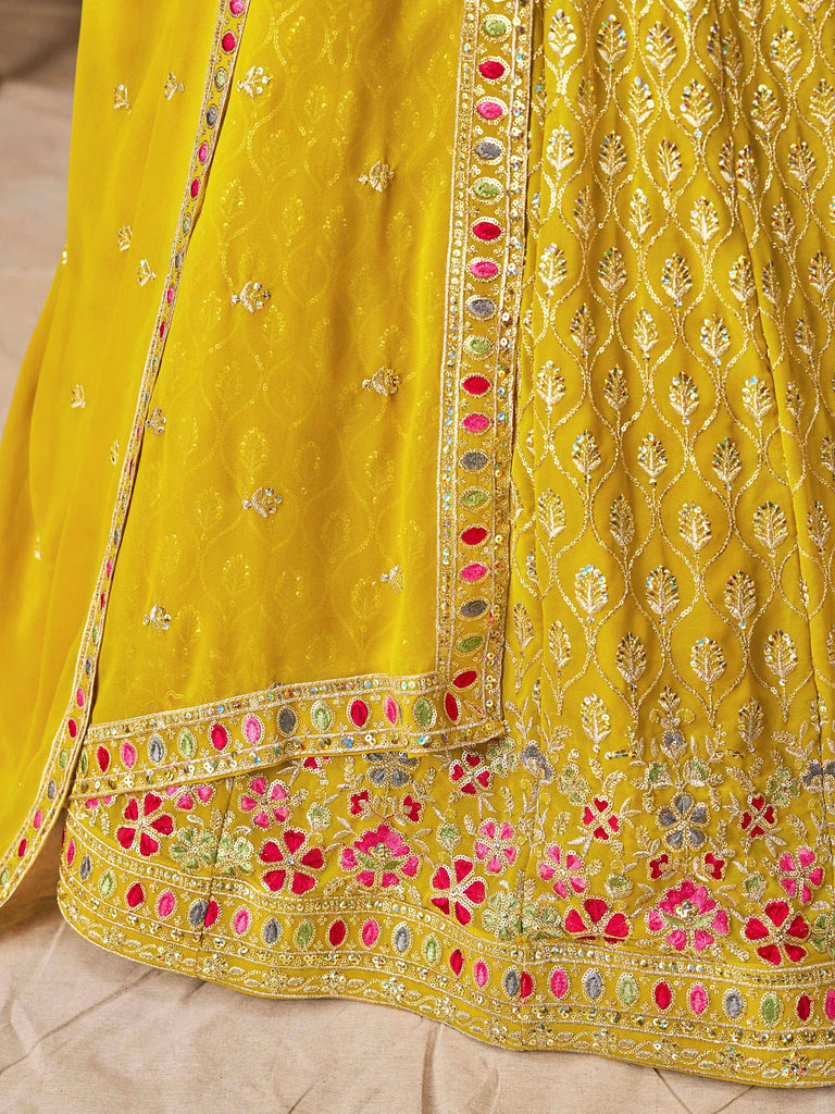 Classic Yellow Zari Embroidered Georgette Haldi Wear Lehenga Choli