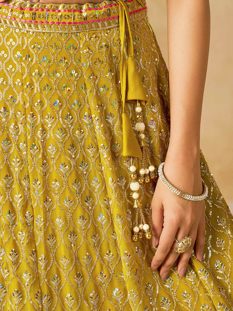 Classic Yellow Zari Embroidered Georgette Haldi Wear Lehenga Choli