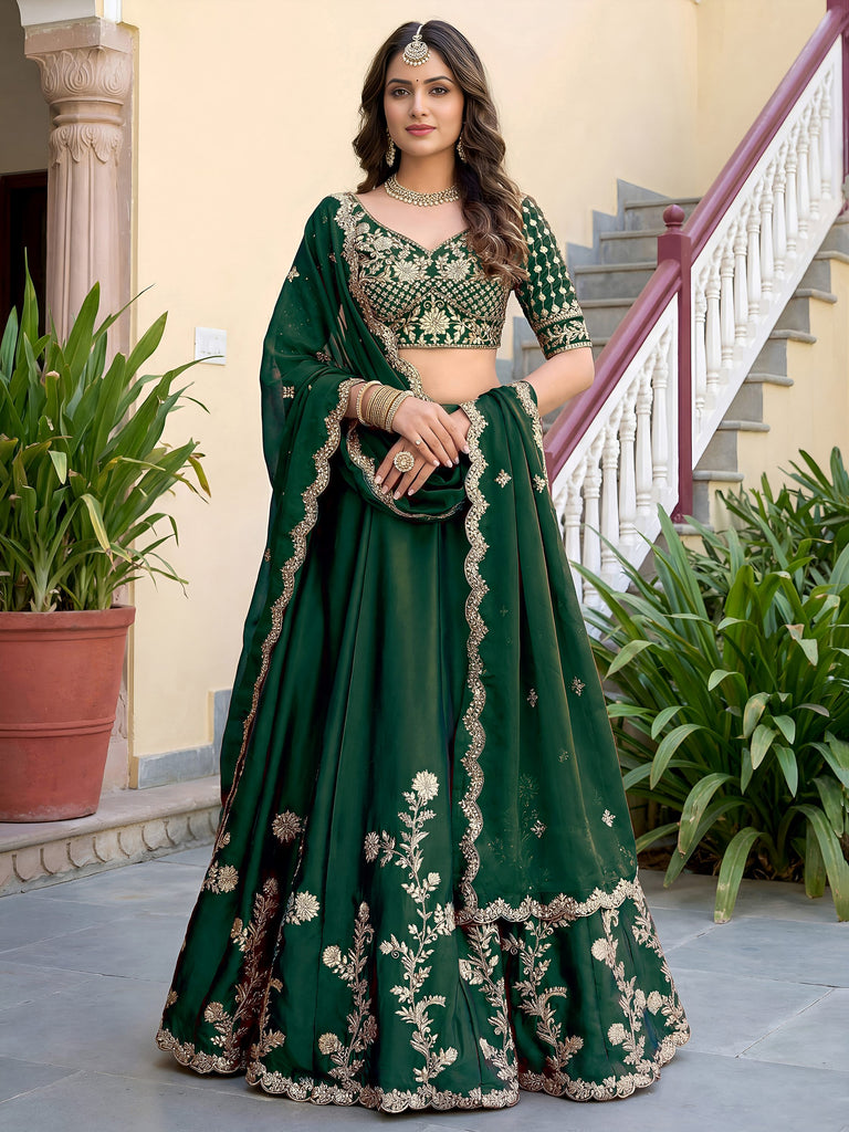 Charming Green Thread Work Silk Mehendi Wear Lehenga Choli With Dupatta