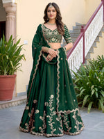 Charming Green Thread Work Silk Mehendi Wear Lehenga Choli With Dupatta
