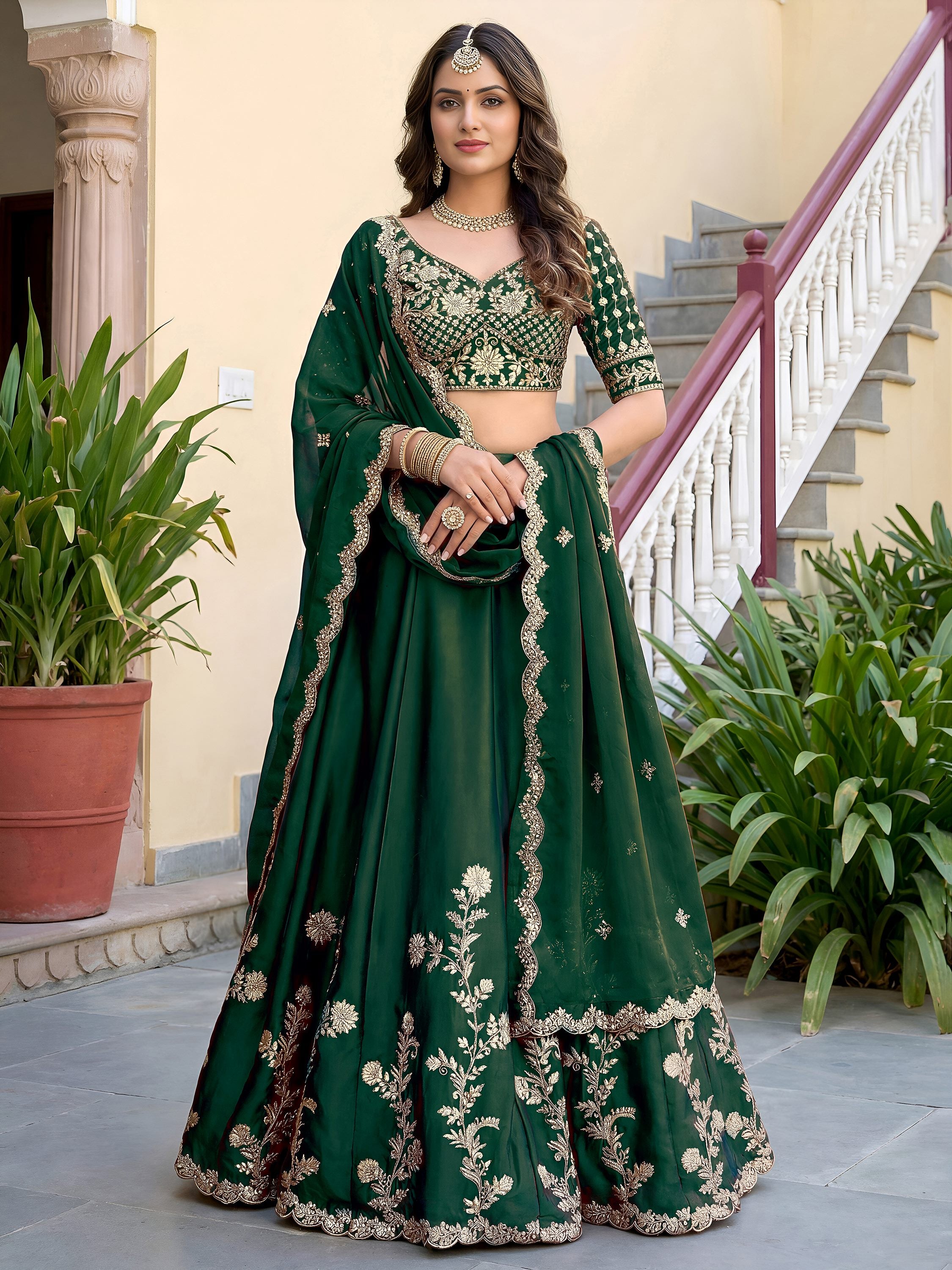 Charming Green Thread Work Silk Mehendi Wear Lehenga Choli With Dupatta