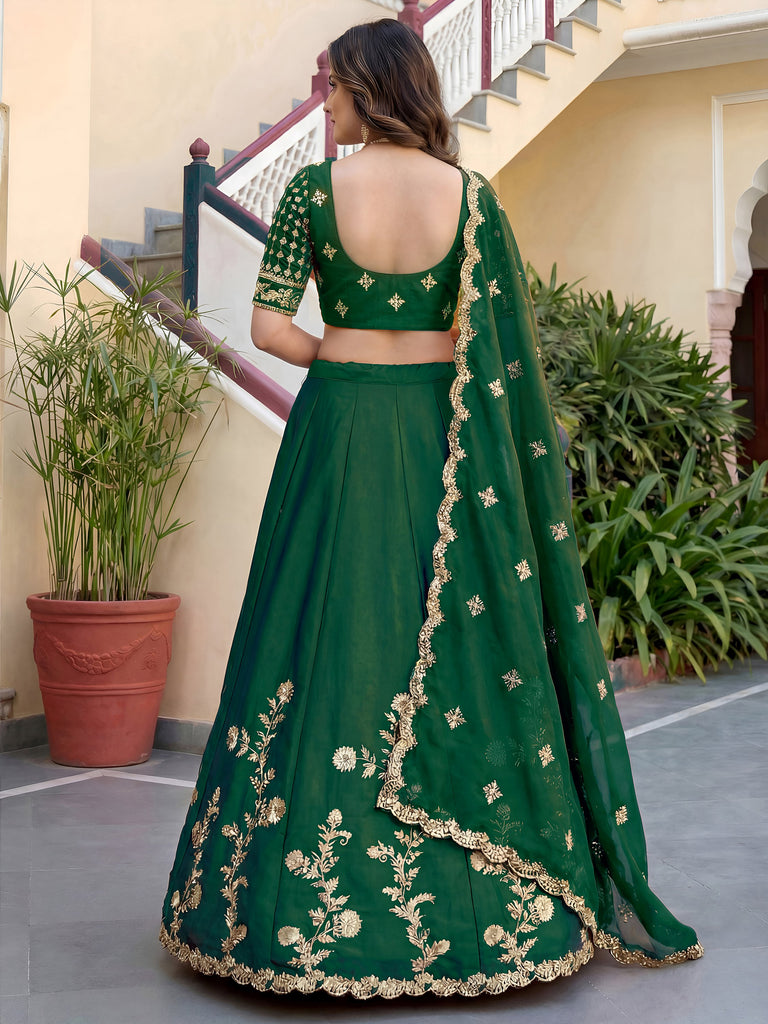 Charming Green Thread Work Silk Mehendi Wear Lehenga Choli With Dupatta