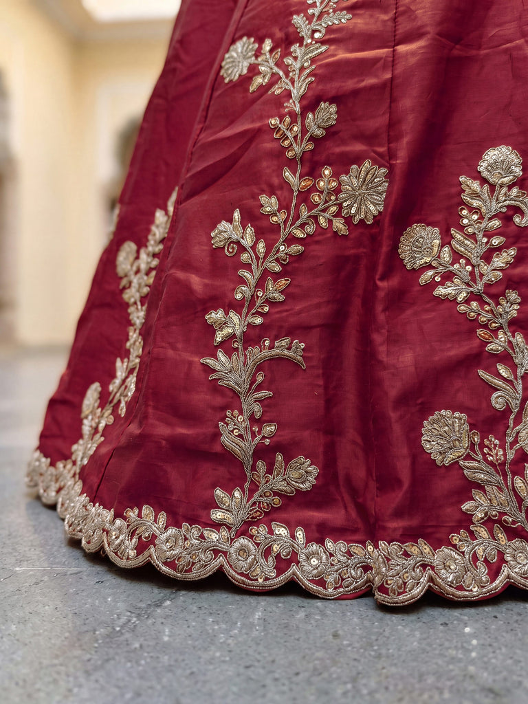 Alluring Maroon Embroidered Silk Engagement Wear Lehenga Choli With Dupatta