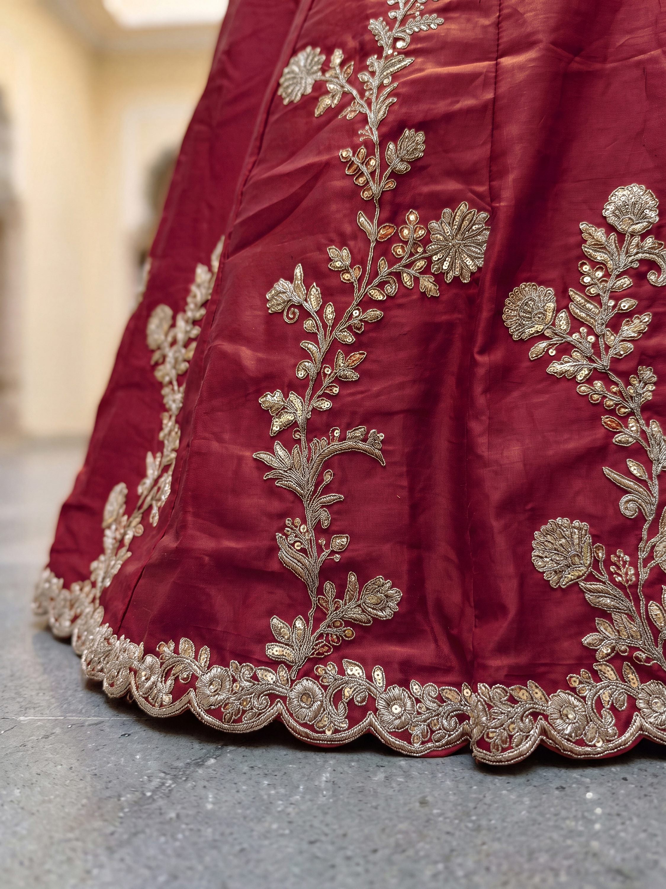 Alluring Maroon Embroidered Silk Engagement Wear Lehenga Choli With Dupatta