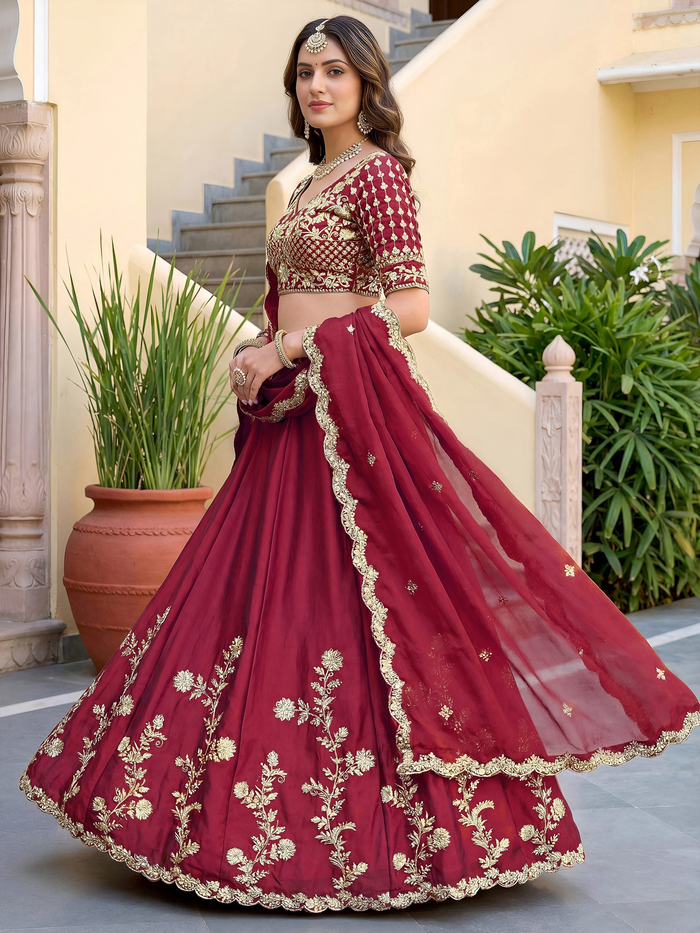 Alluring Maroon Embroidered Silk Engagement Wear Lehenga Choli With Dupatta