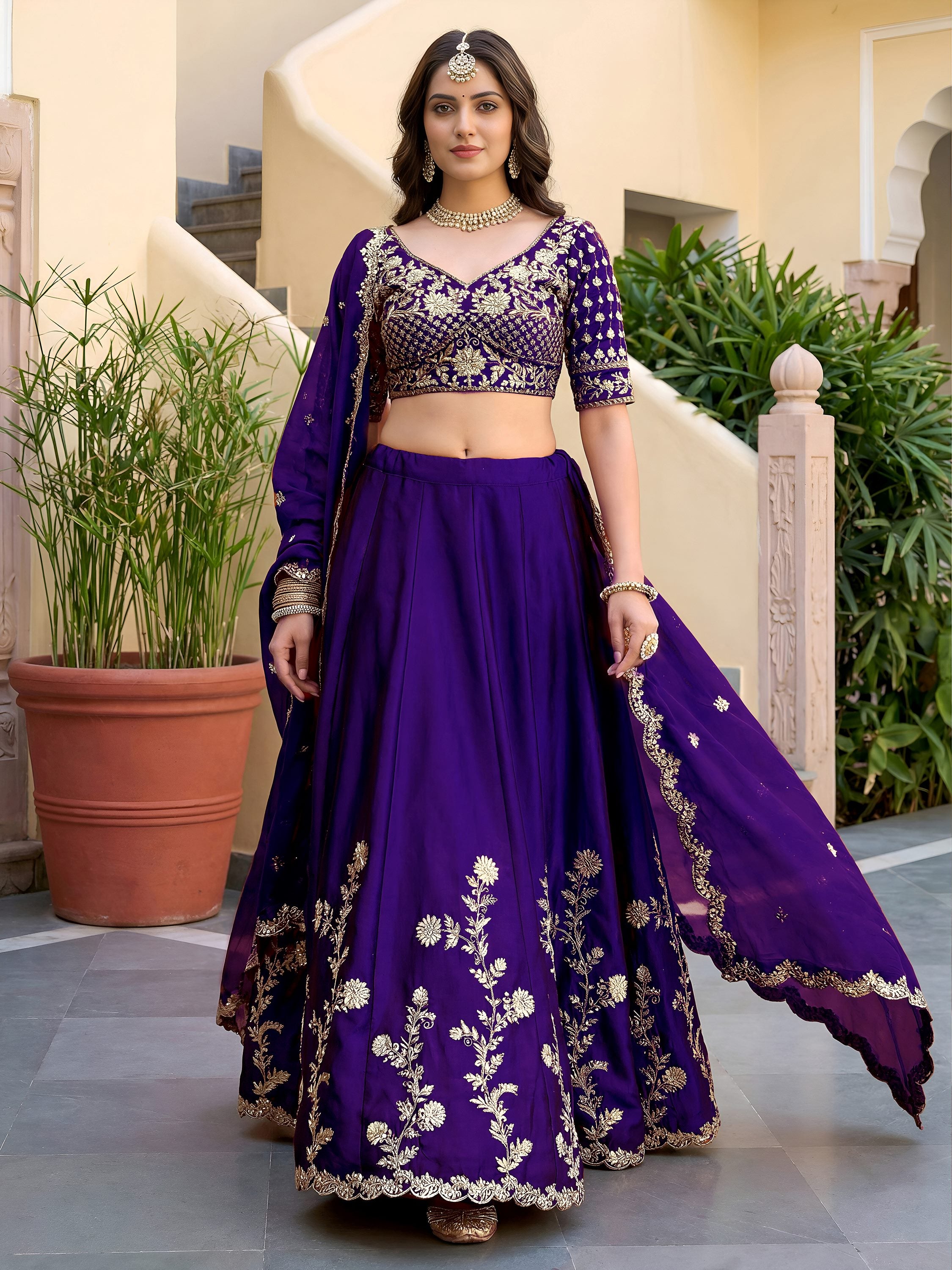Fantastic Purple Thread Work Silk Reception Wear Lehenga Choli