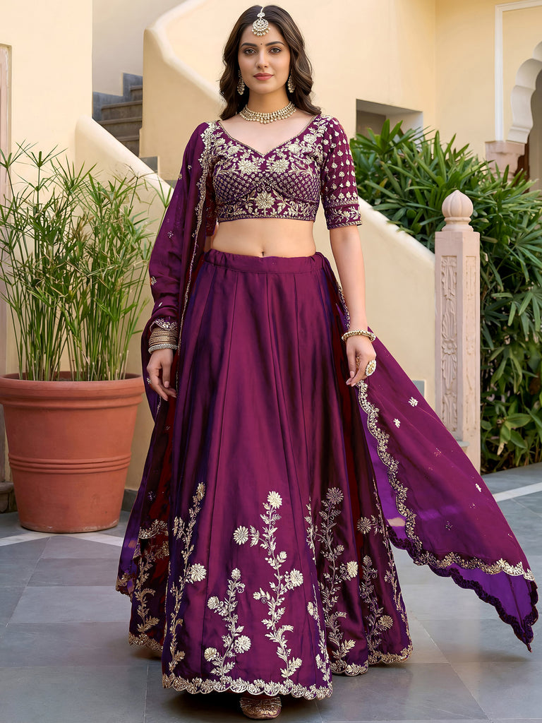 Elegant Wine Sequins Silk Traditional Lehenga Choli With Dupatta