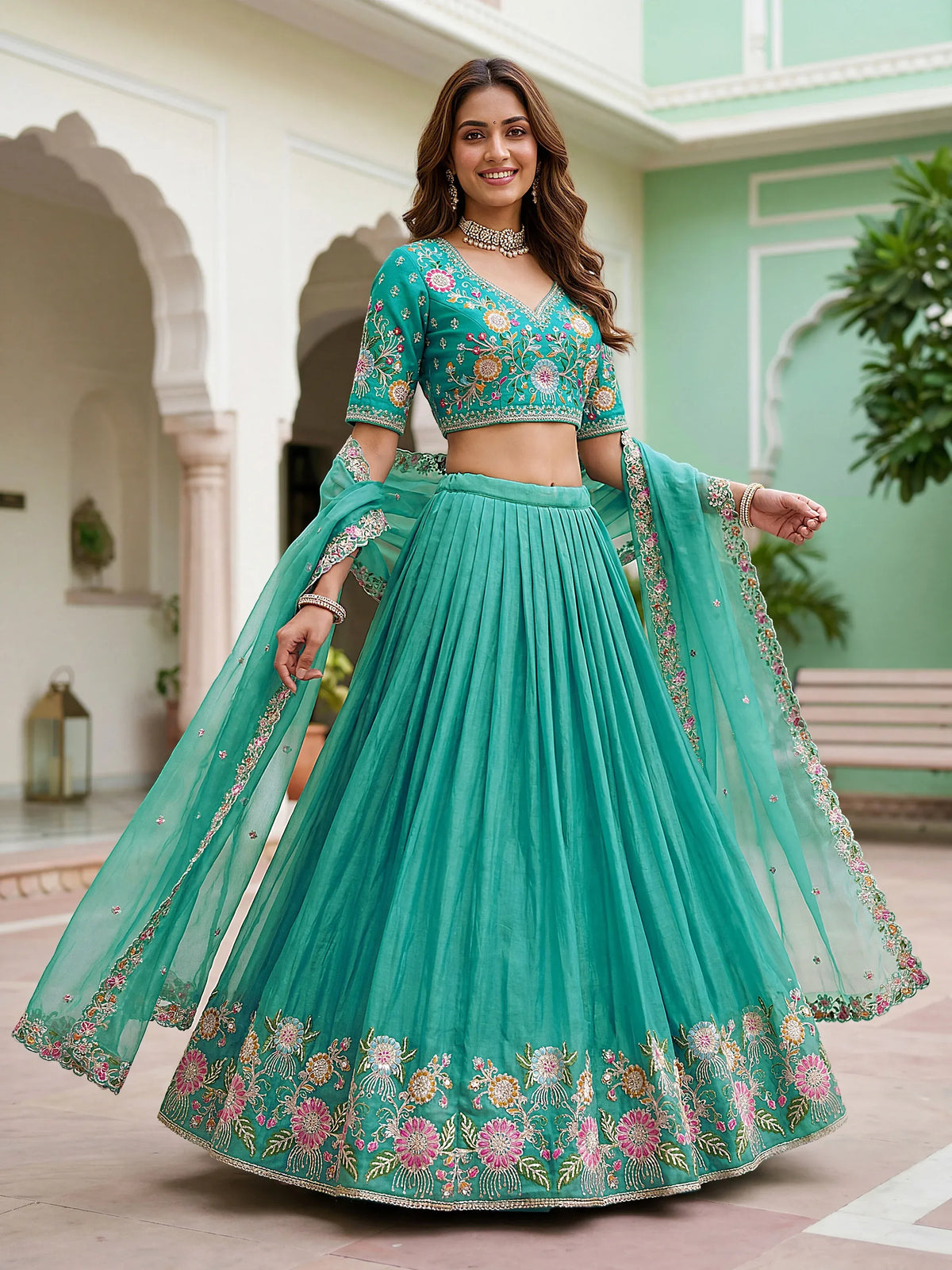 Wonderful Sea Green Floral Embroidery Organza Lehenga Choli With Dupatta