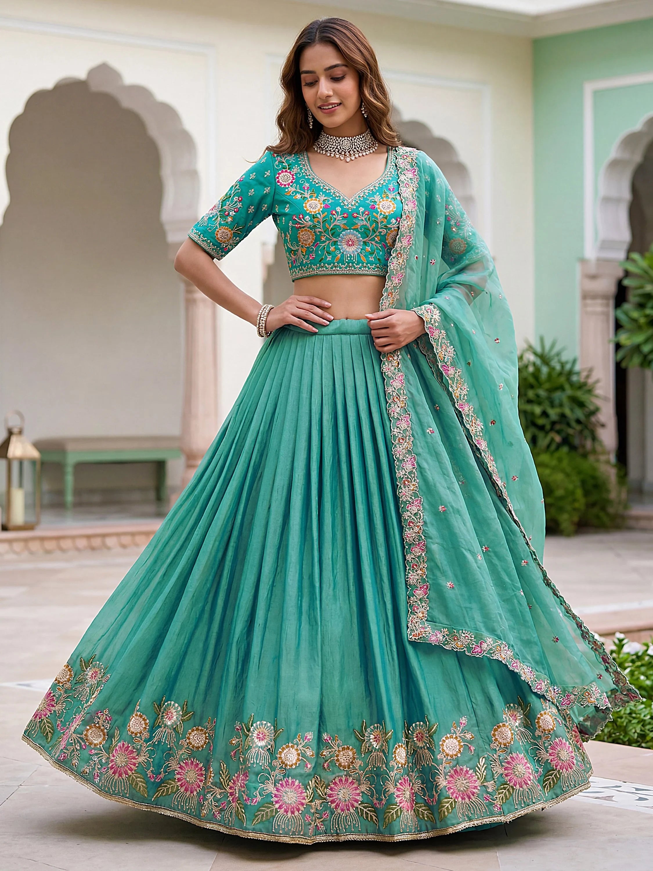 Wonderful Sea Green Floral Embroidery Organza Lehenga Choli With Dupatta