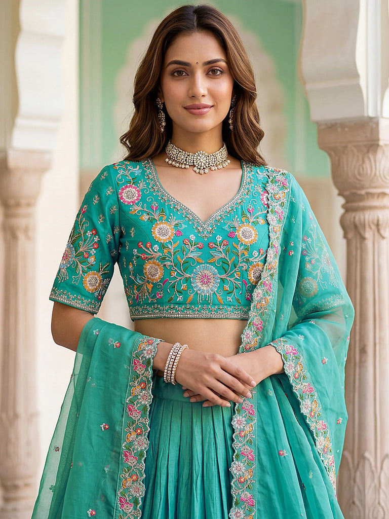 Wonderful Sea Green Floral Embroidery Organza Lehenga Choli With Dupatta