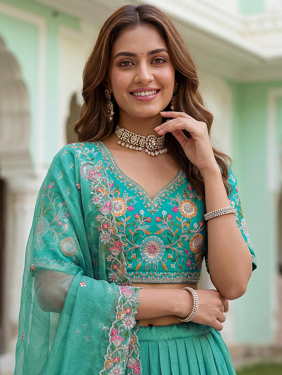 Wonderful Sea Green Floral Embroidery Organza Lehenga Choli With Dupatta